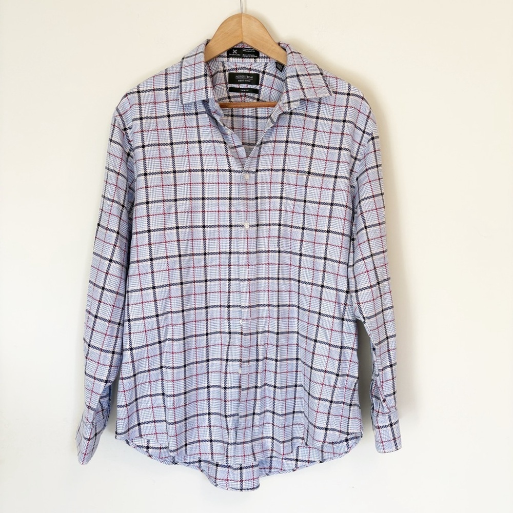 Nordstrom 16.5 Trim Fit Wrinkle-Free Plaid 100% Cotton Shirt Blue White Red